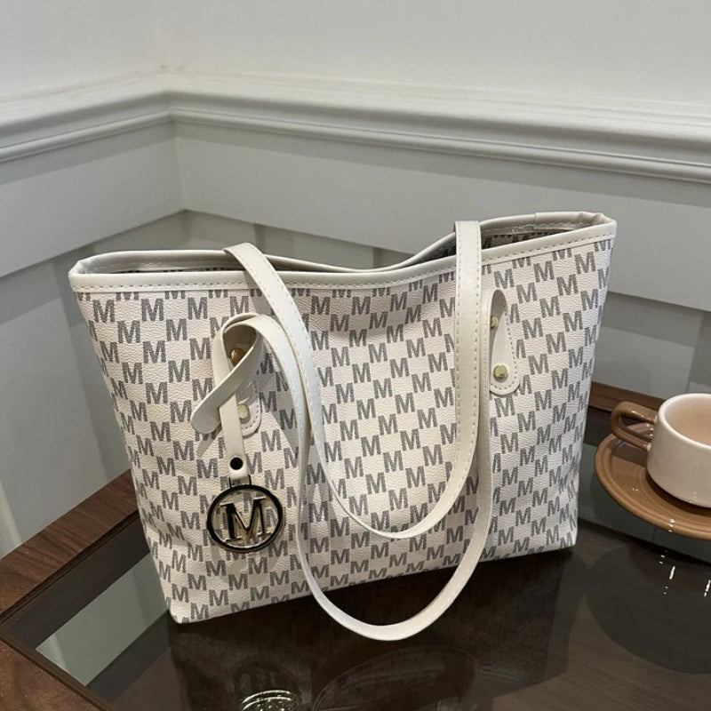 Elegant Monogram Tote Bag with Detachable Gold M Charm Faux Leather Handles Large Capacity Work Commuter Travel Shoulder Purse