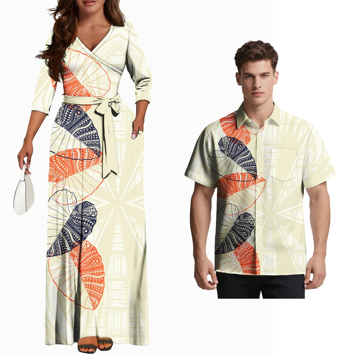 Fashion Couple Outfits Hawaiian Men Pocket Shirts Samoan Women V-Neck Flowers Laceup Long Dress Polynesian Couple of Set Custom