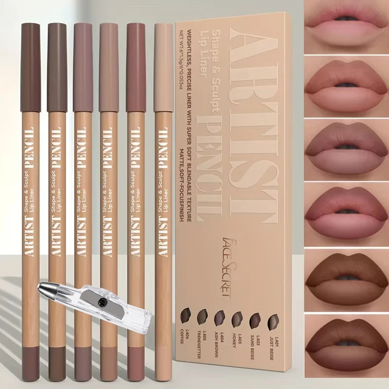 7PCS/SET Lip Makeup Set: 6 Matte Lip Liners + 1 Pencil Sharpener. Long-Lasting Matte Lip Liners with a Waterproof Formula