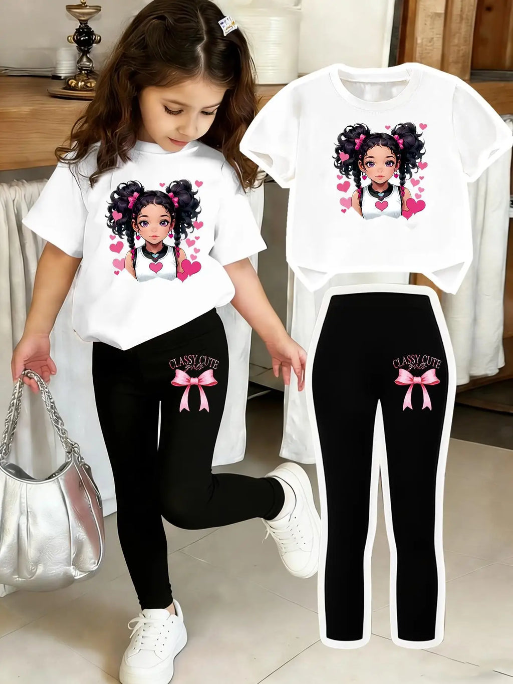Girls' Short-Sleeve Set: Regular Short-Sleeve Top + Black Leggings Two-Piece Set with Bow Print Pants and Printed Top, Suitable for 4-12 Year Old Children, Casual Wear for Home and Outings