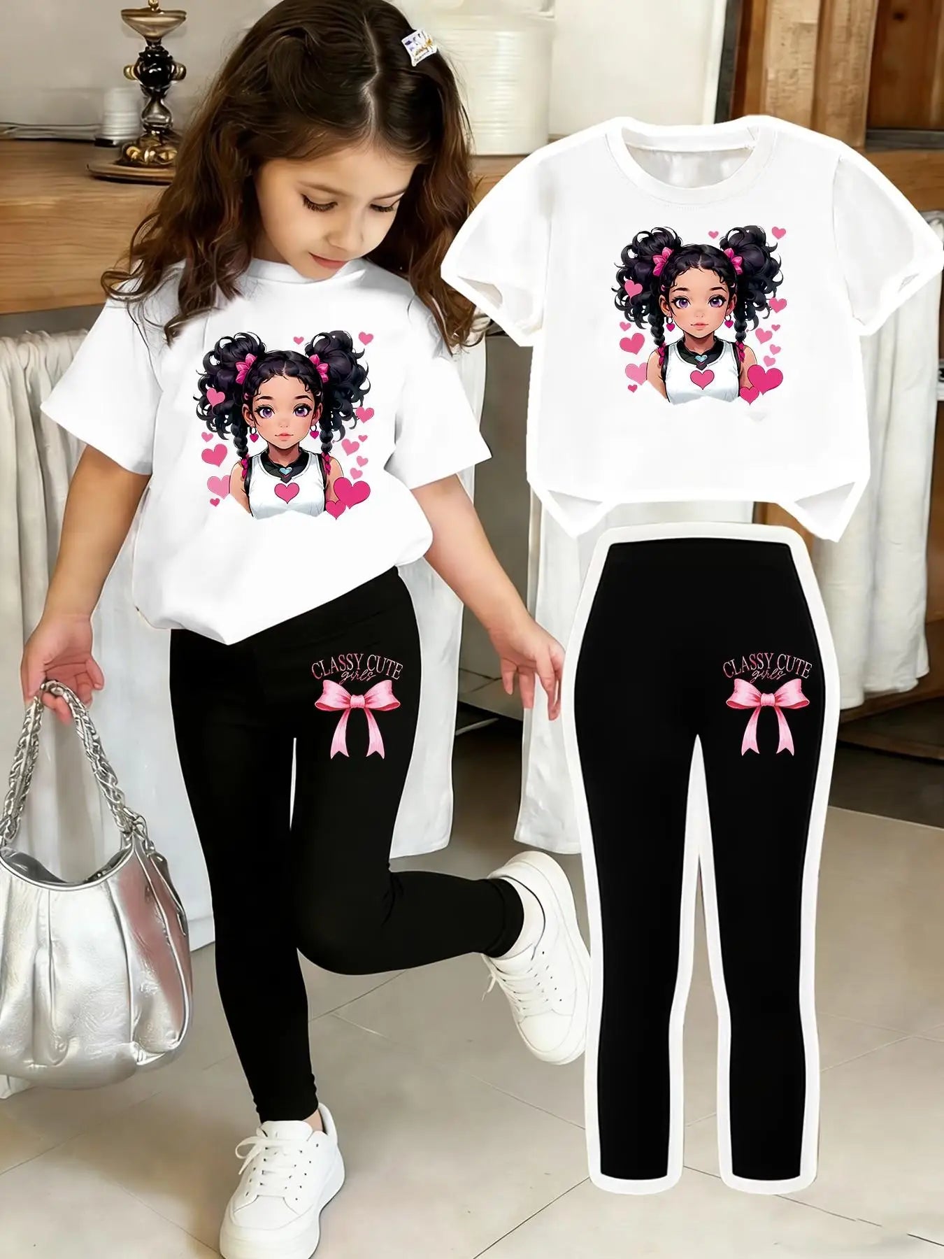Girls' Short-Sleeve Set: Regular Short-Sleeve Top + Black Leggings Two-Piece Set with Bow Print Pants and Printed Top, Suitable for 4-12 Year Old Children, Casual Wear for Home and Outings