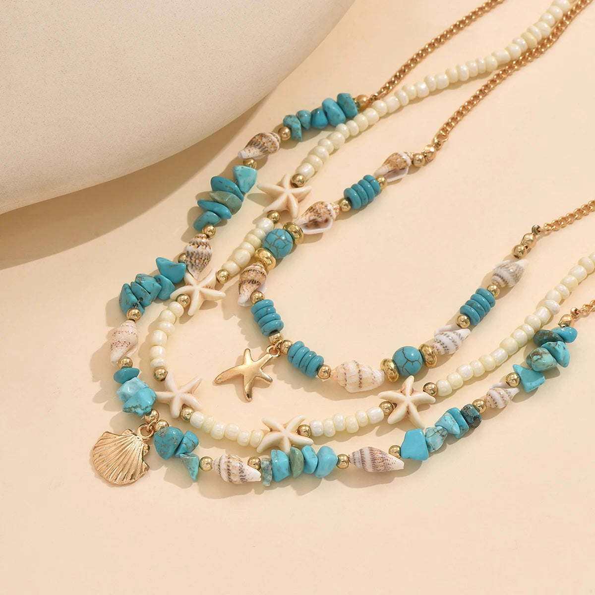 3Pcs Set Layered Turquoise Shell Starfish Necklace for Women Boho Beaded Necklaces Summer Beach Vacation Party Jewelry