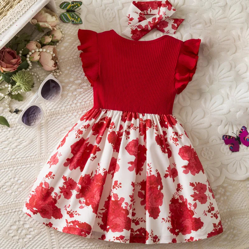 Summer Floral Print Dress for Baby Girls with Flutter Sleeves Elegant round Neck European American Style Party Gown