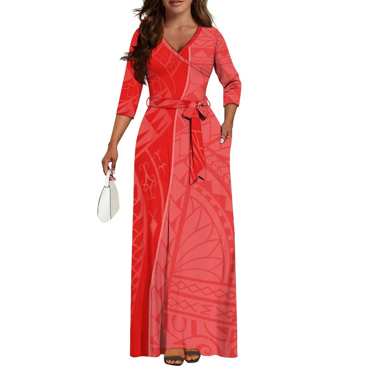 Quality Fabric Vintage Print Custom Mid-Sleeve Long Skirt Dress Polynesian Ladies Summer Fashion V-Neck Waist Binding Dress