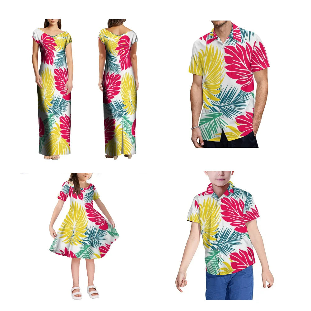 Hot Selling Family Set Summer Polynesian Print Custom Women'S Maxi Dress Tribal Ethnic Style V-Neck Design Maxi Dress