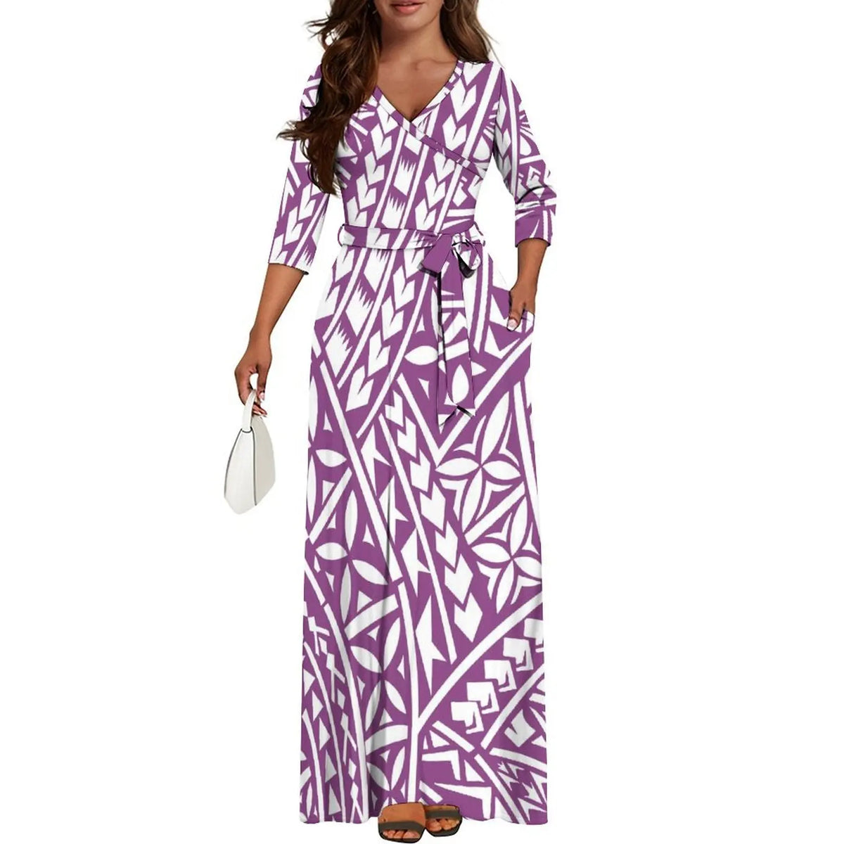 Quality Fabric Vintage Print Custom Mid-Sleeve Long Skirt Dress Polynesian Ladies Summer Fashion V-Neck Waist Binding Dress