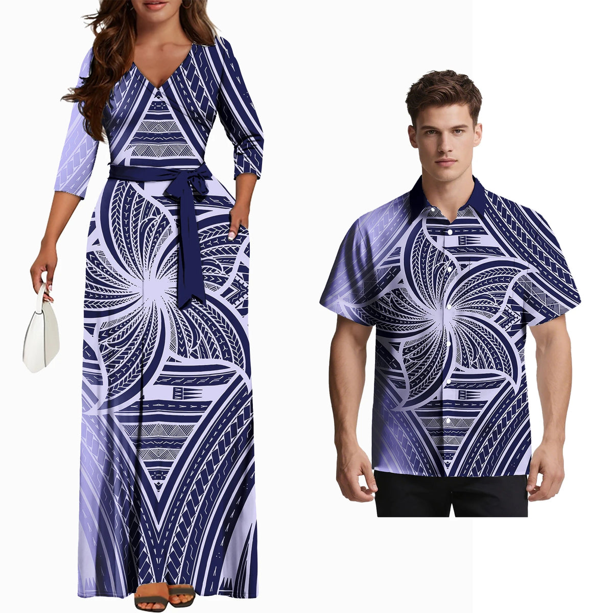 Fashion Couple Outfits Hawaiian Men Pocket Shirts Samoan Women V-Neck Flowers Laceup Long Dress Polynesian Couple of Set Custom