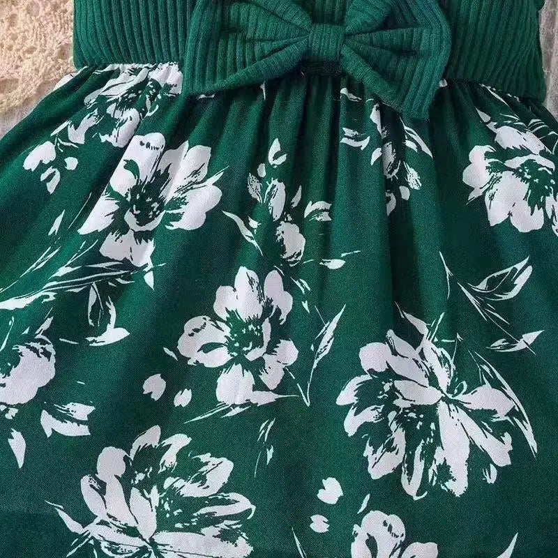 2026 Fashion Baby Girl Summer solid color breathable, wear-resistant and washable knitted top with flower print pattern dress
