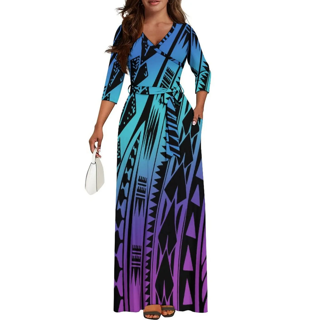 Quality Fabric Vintage Print Custom Mid-Sleeve Long Skirt Dress Polynesian Ladies Summer Fashion V-Neck Waist Binding Dress