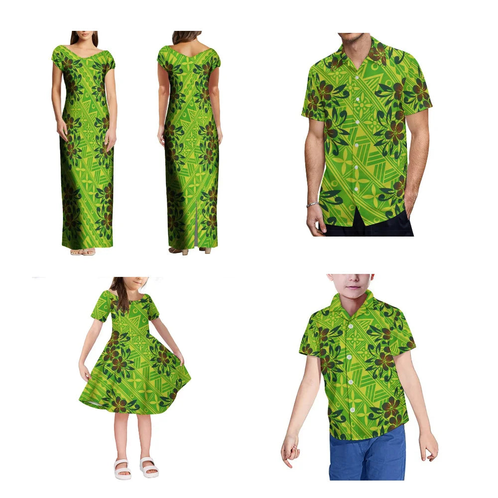 Hot Selling Family Set Summer Polynesian Print Custom Women'S Maxi Dress Tribal Ethnic Style V-Neck Design Maxi Dress