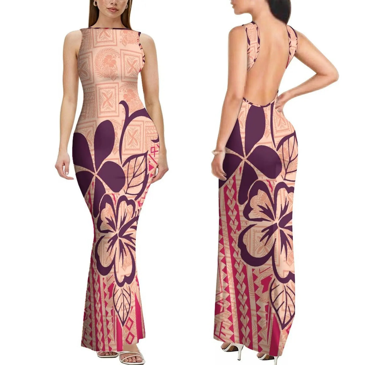 Summer Mature And Elegant Sleeveless Long Slimming And Sexy Backless Women'S Dress With Polynesian Custom Pattern