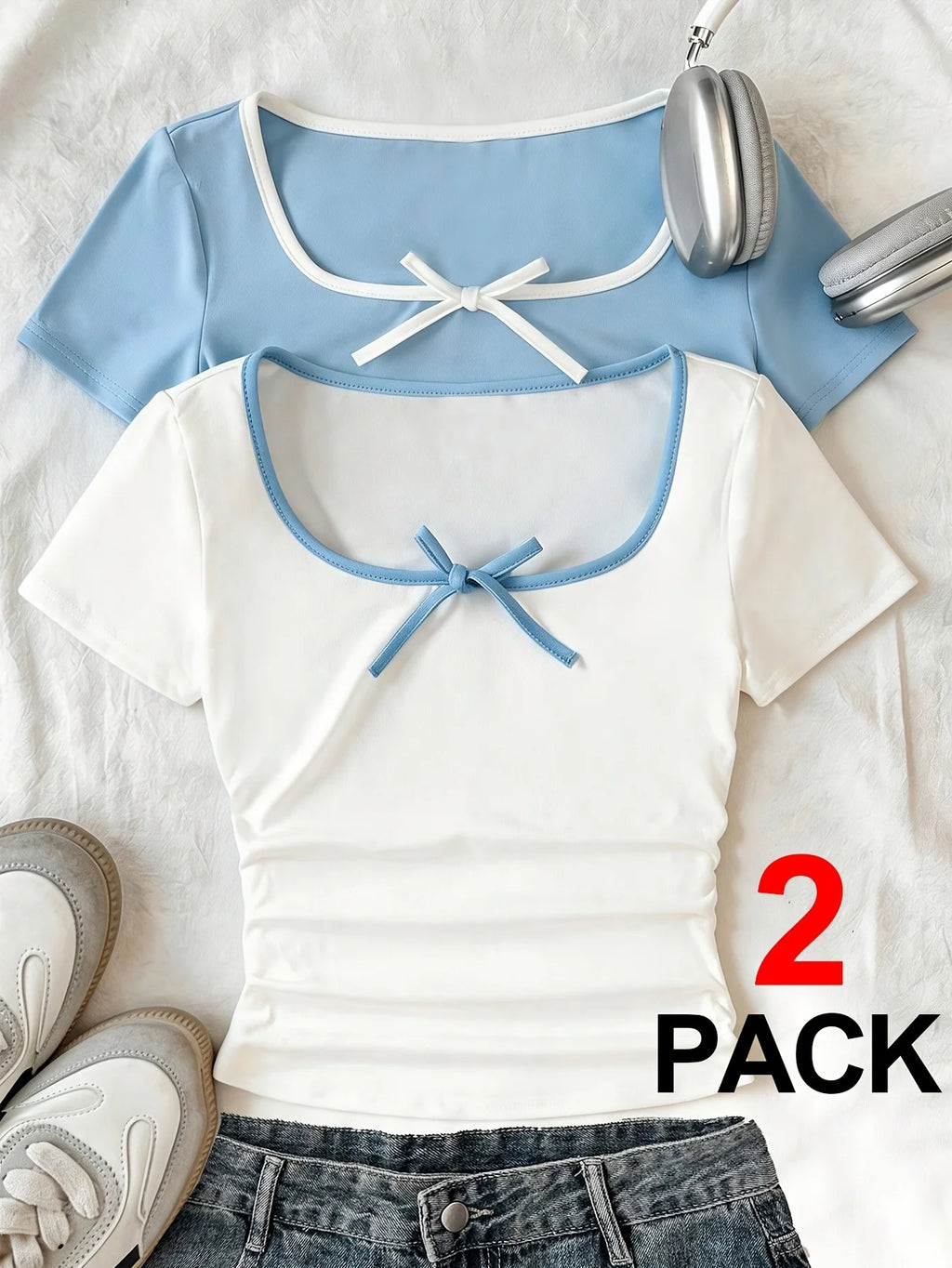 Girls' Casual Short-Sleeved T-Shirt Set, Solid White and Light Blue T-Shirts, 2-Piece Set with Bow and Contrasting Edge Design, Fashionable and Versatile, Suitable for Girls Aged 8-12, Home and Outdoor Wear