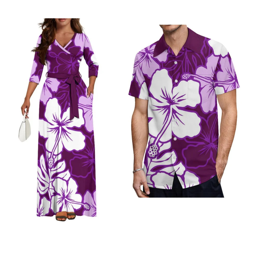 Samoa Hibiscus Flower Custom Women'S Dress Summer Autumn Long Sleeve V-Neck Temperament Dress Party Couple Dress Men'S Shirt