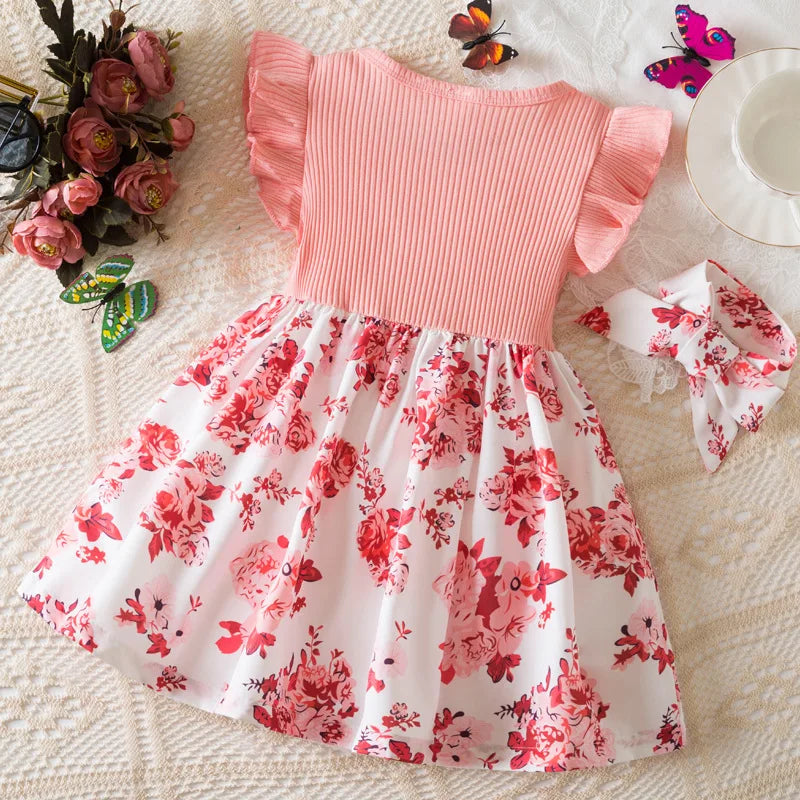 Summer Floral Print Dress for Baby Girls with Flutter Sleeves Elegant round Neck European American Style Party Gown
