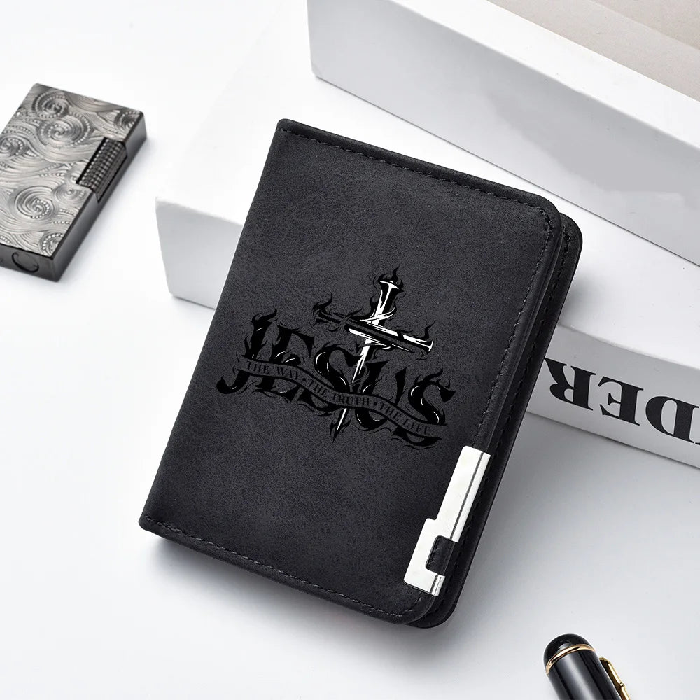 Men's Mini Ultra-Thin Short Wallet Jesus Cross Print Suede PU Leather Credit Card Holder Portable Bifold Christian Purse
