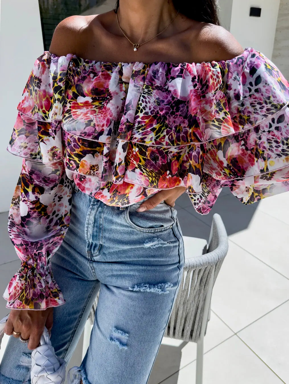 Floral Off-Shoulder Ruffle Chiffon Blouse