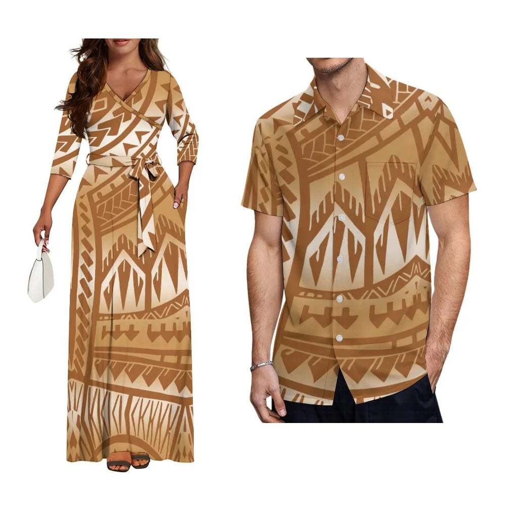 Polynesian Custom Couple Clothing Autumn Long Sleeve New Women'S Dress Hawaii Men'S Formal Shirt 2-Piece Set 2025 New
