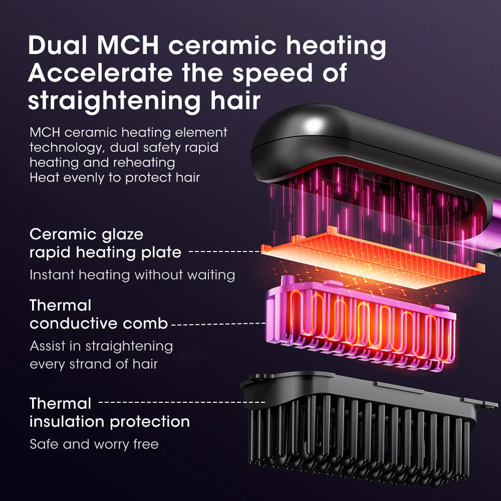 Portable Hair Straightener Brush 4 Temp Setting Cordless Straightening Comb LED Display Ceramic Coating Ionic Technology Styling