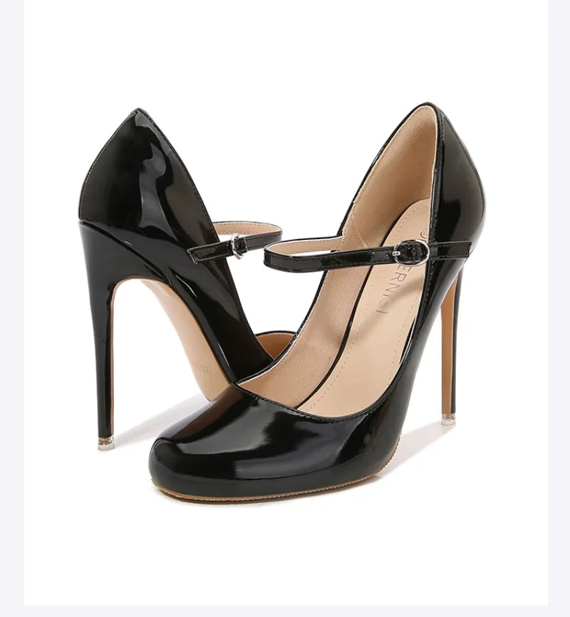 Round Toe Stiletto Shoes For Women Black Mary Jane Shoes12CM Thin High Heels Spring Autumn Buckle Strap Fashion Sexy Pumps