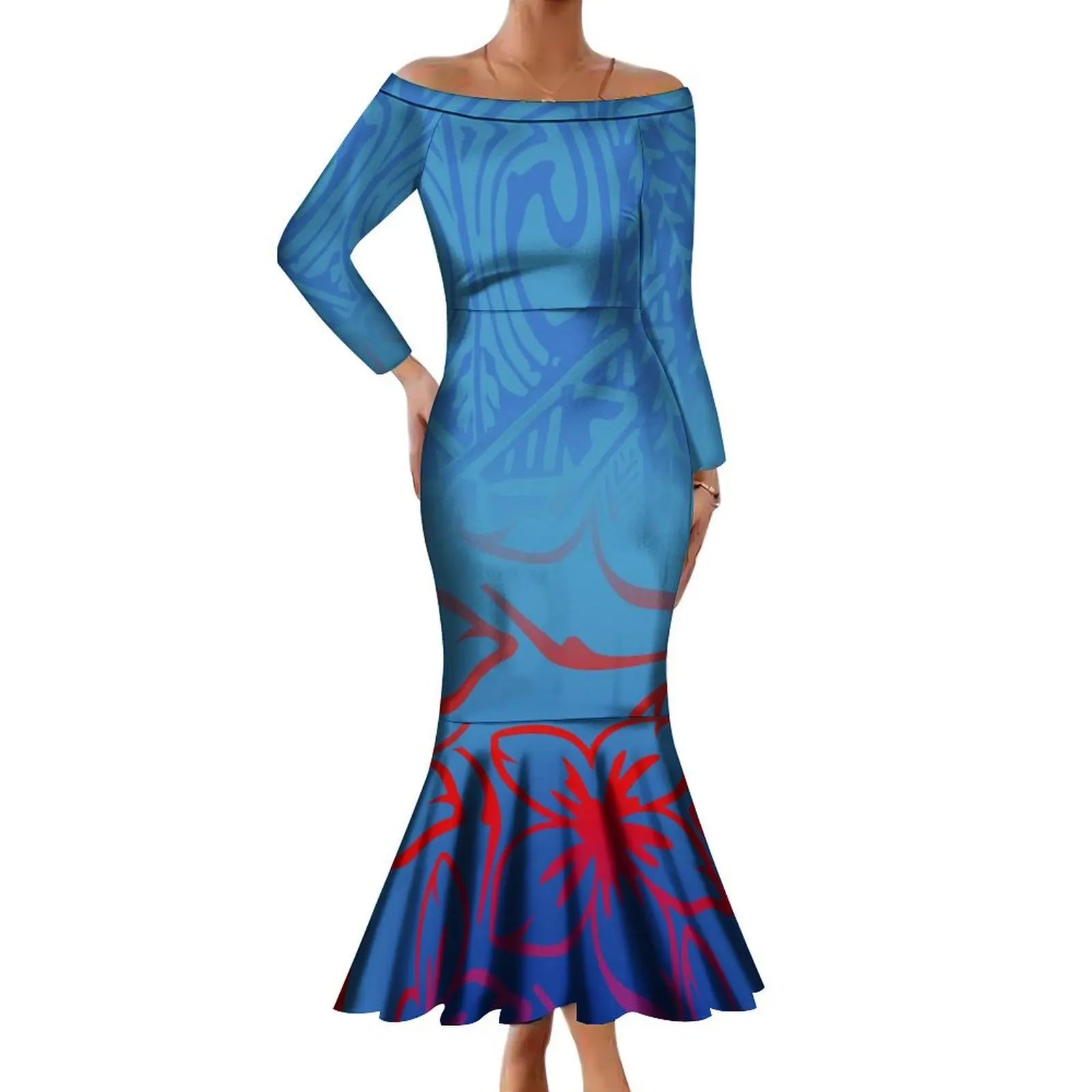 Wholesale Custom Polynesian Tribal Printed Half Flare Sleeve Long Party Dress Maxi Island Style Dress Plus Size Womens Clothing