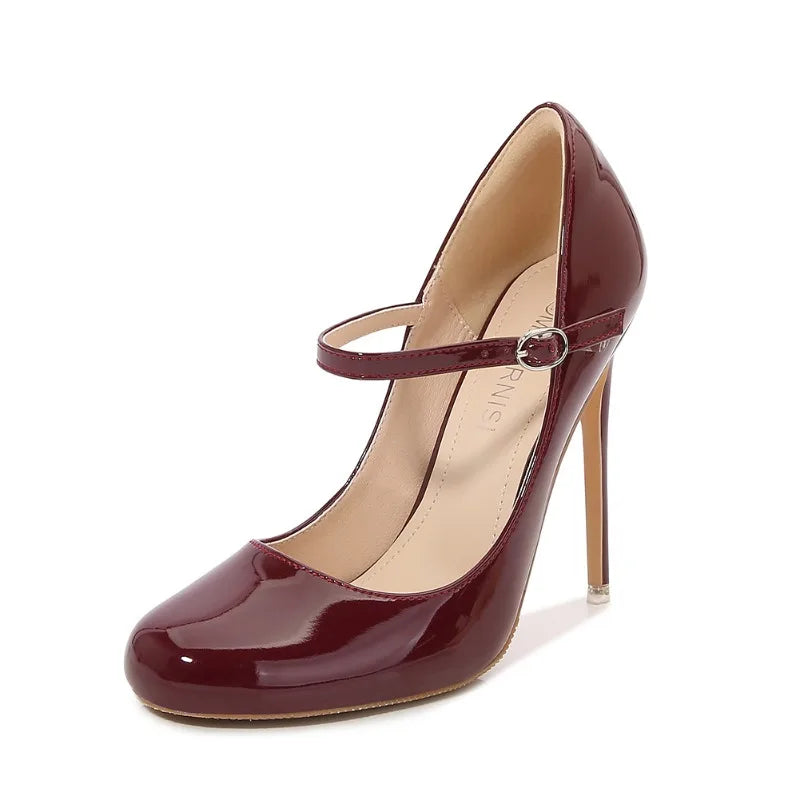 Fashion Women's Super High Heels Shoes Glossy Solid Color Round Head Female Belt Buckle Pumps Shallow Mouth Wedding Single Shoes