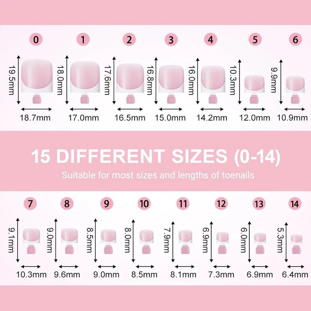 150Pcs Pink White French Press On Toenails 15-Sizes Short Square Fake Toe Nails White Edge Design Wearable False Foot Nail Tips