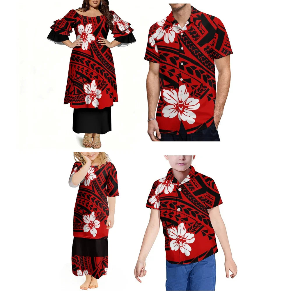 Summer Pacific Island Samoa Family Set Women'S Puletasi Dress Men'S Hawaiian Shirt Festival Party Floral Printed Clothing