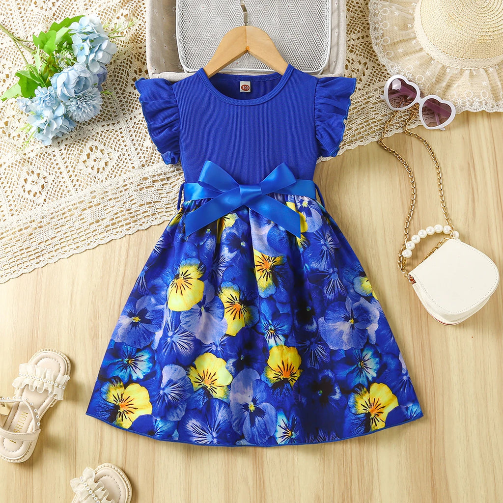 Girl's Beautiful Printed Blue Spliced Short Sleeved Dress+Belt Set Suitable for Summer Fashion Dresses for Girls Aged 2-7 Years
