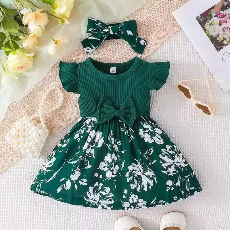 2026 Fashion Baby Girl Summer solid color breathable, wear-resistant and washable knitted top with flower print pattern dress