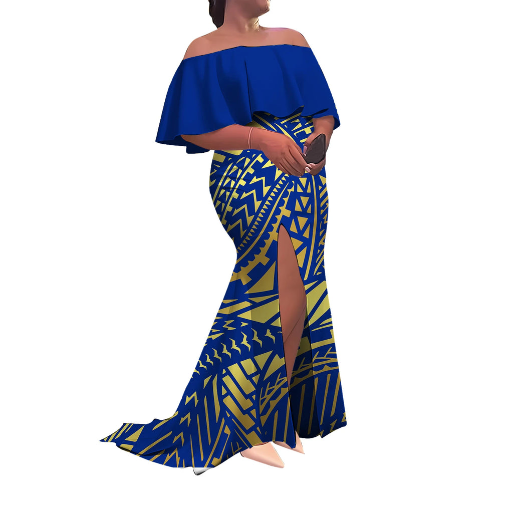 Summer Women'S Dress Elegant Half-Printed One-Shoulder Slit Long Floor-Length Polynesian Slimming Fishtail Dress