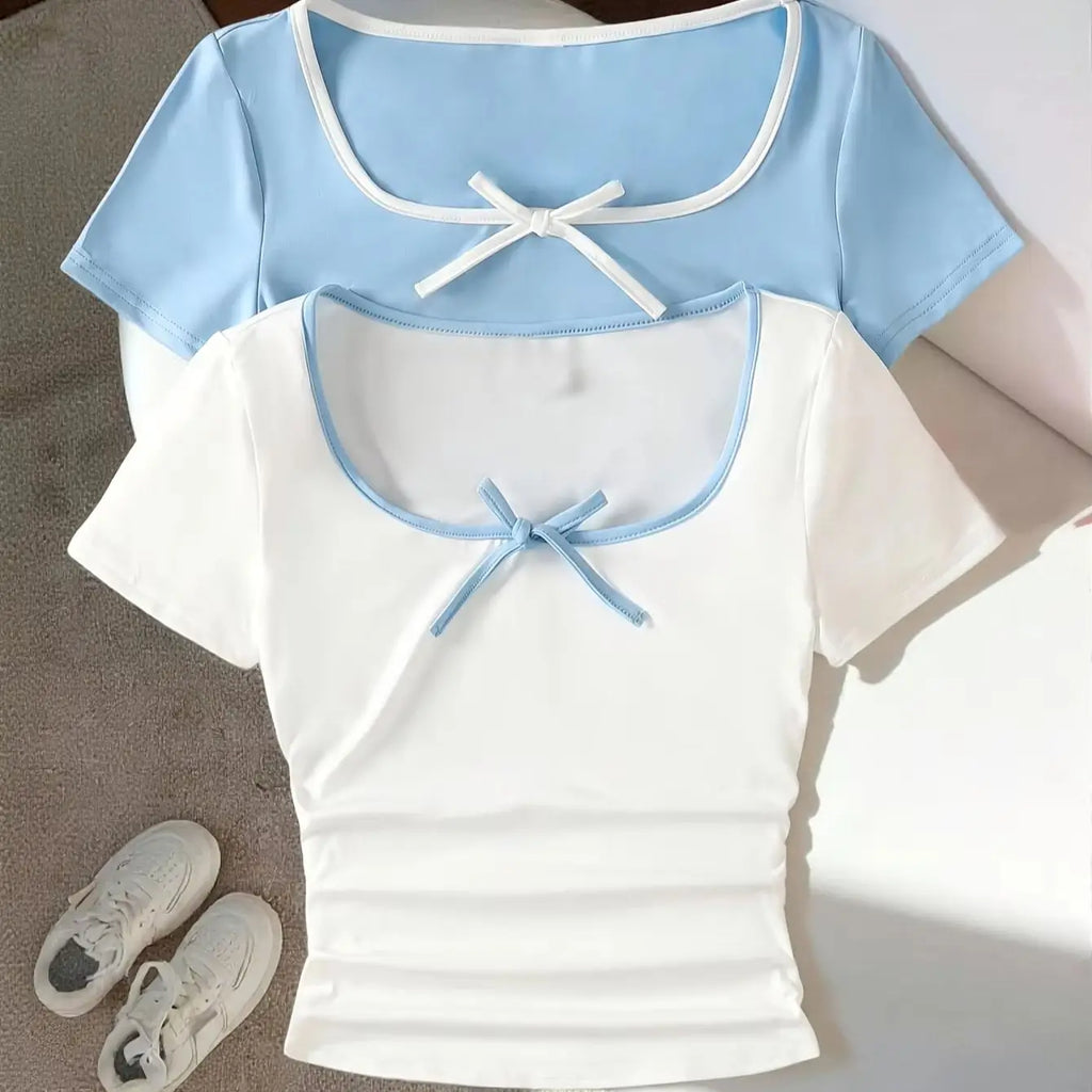 Girls' Casual Short-Sleeved T-Shirt Set, Solid White and Light Blue T-Shirts, 2-Piece Set with Bow and Contrasting Edge Design, Fashionable and Versatile, Suitable for Girls Aged 8-12, Home and Outdoor Wear