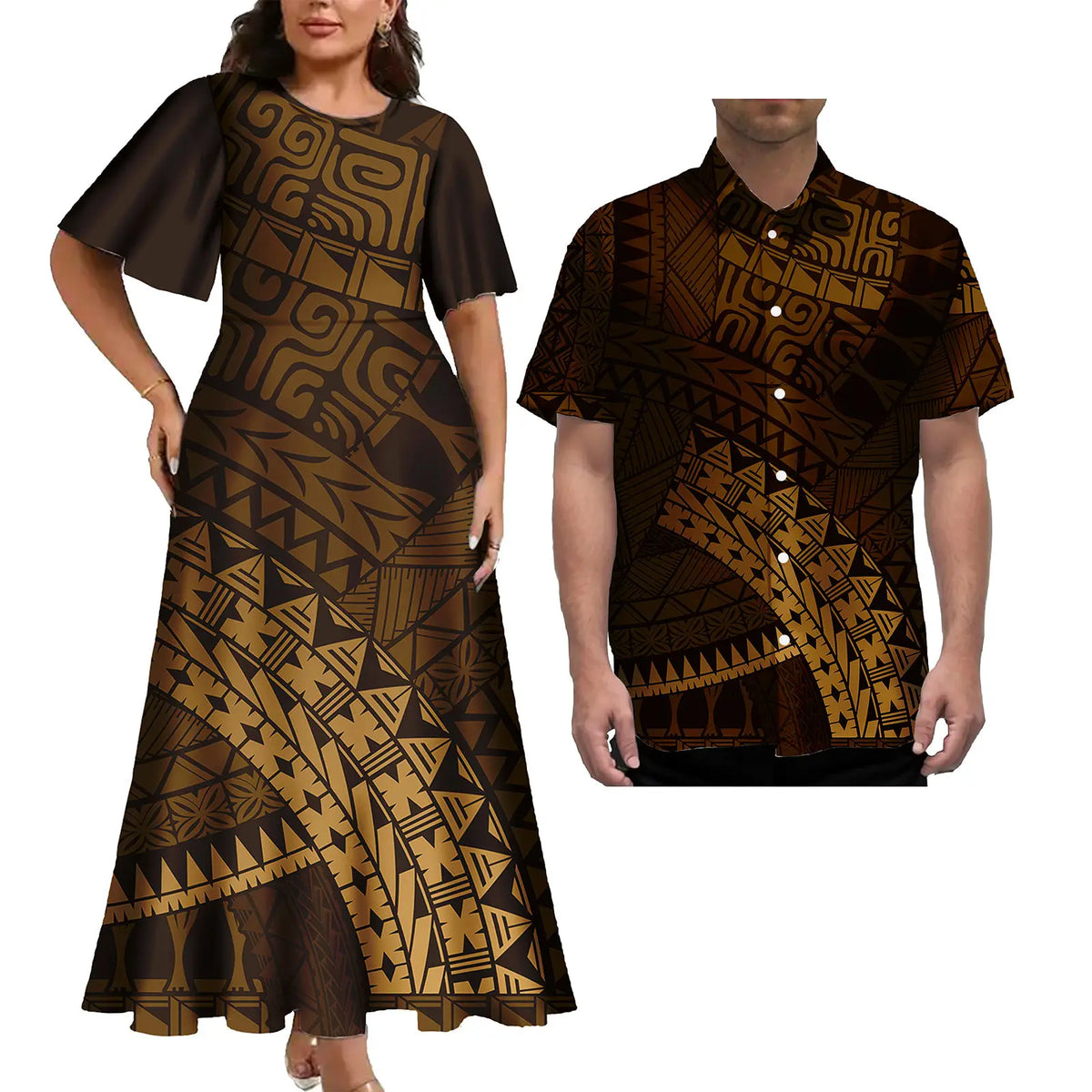 Print Couples Matching Puletasi Dress and Hawaiian Shirt Polynesian Traditional Pattern Aloha Shirt Two-piece Dress Outfit