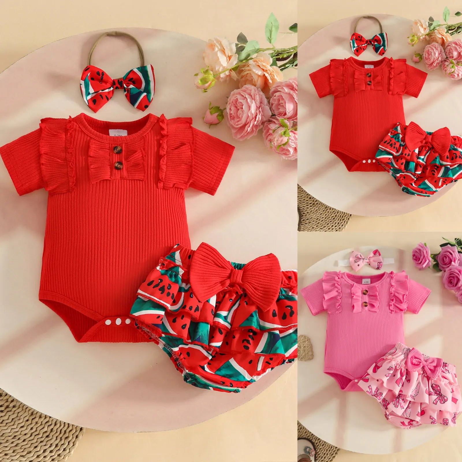 Baby Girl Comfortable And Breathable Set Short Sleeve Top Cute Cartoon Printed Shorts Three Piece Set Matching Items Conjuntos