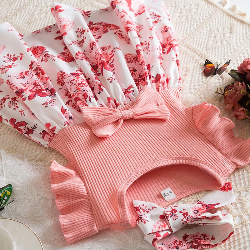 Summer Floral Print Dress for Baby Girls with Flutter Sleeves Elegant round Neck European American Style Party Gown