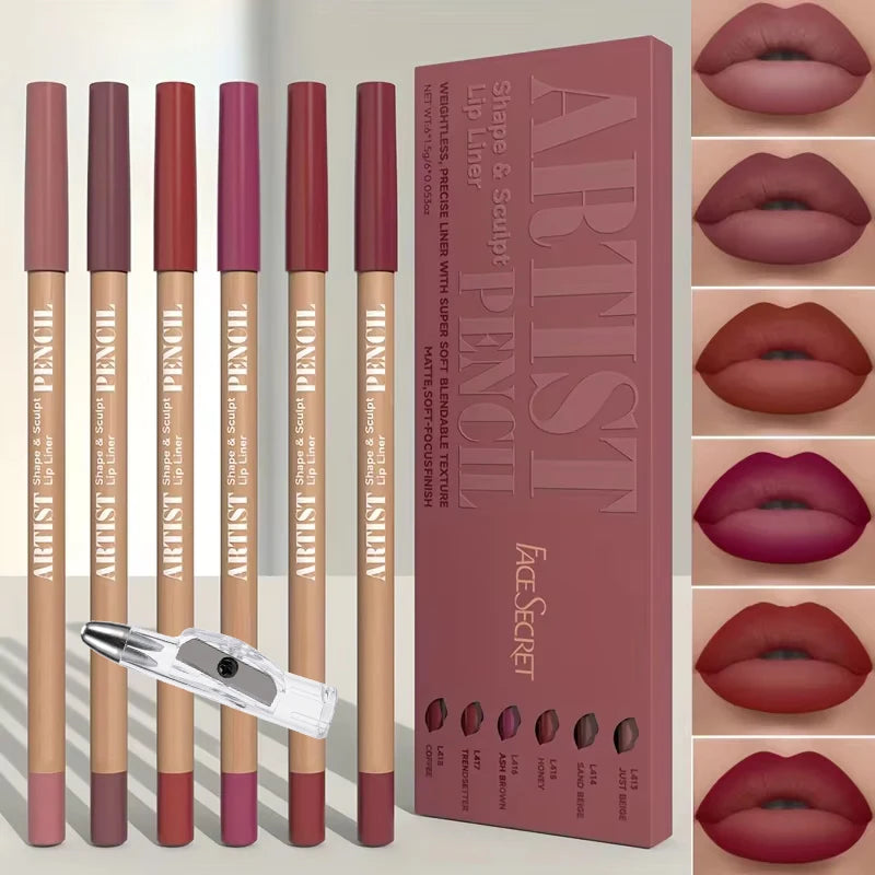 7PCS/SET Lip Makeup Set: 6 Matte Lip Liners + 1 Pencil Sharpener. Long-Lasting Matte Lip Liners with a Waterproof Formula