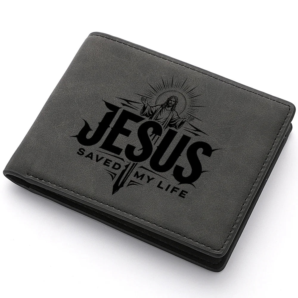 Men's Fashionable Short Wallet, with Personalized Design Featuring the Image of Jesus, and Multiple Card Slots.