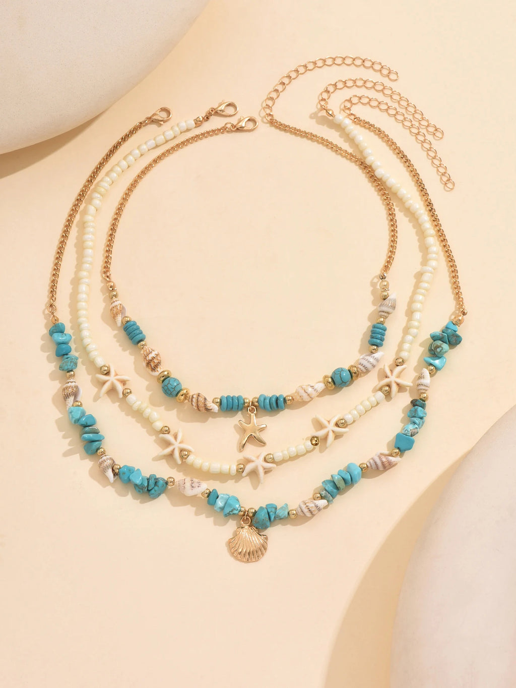 3Pcs Set Layered Turquoise Shell Starfish Necklace for Women Boho Beaded Necklaces Summer Beach Vacation Party Jewelry