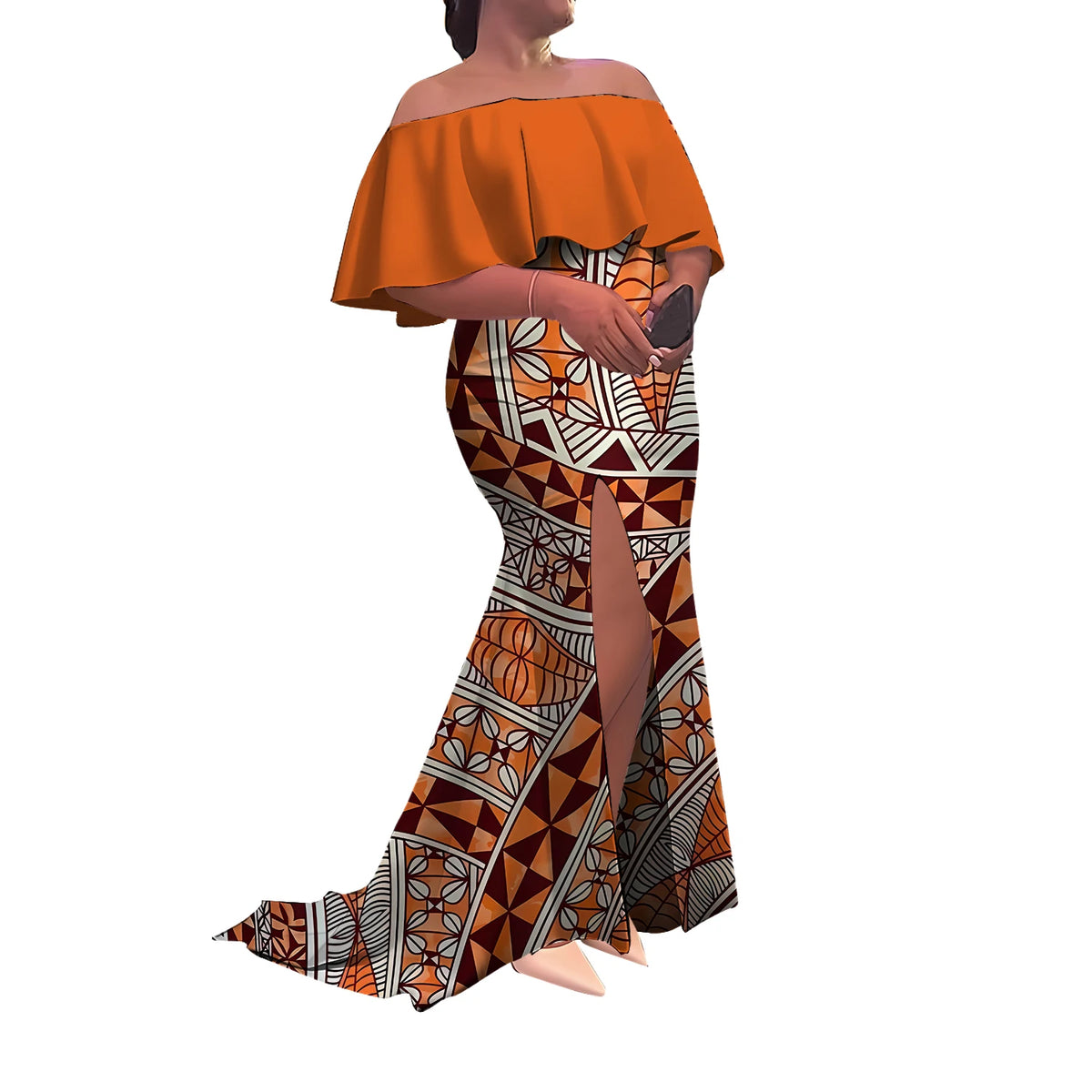 Summer Women'S Dress Elegant Half-Printed One-Shoulder Slit Long Floor-Length Polynesian Slimming Fishtail Dress