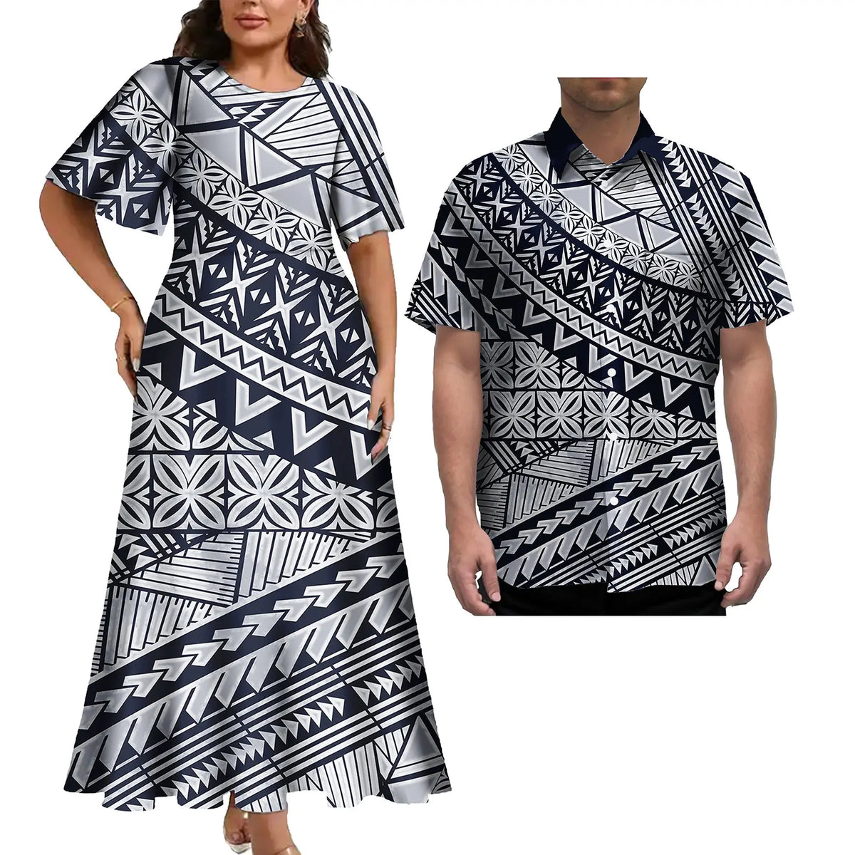 Print Couples Matching Puletasi Dress and Hawaiian Shirt Polynesian Traditional Pattern Aloha Shirt Two-piece Dress Outfit