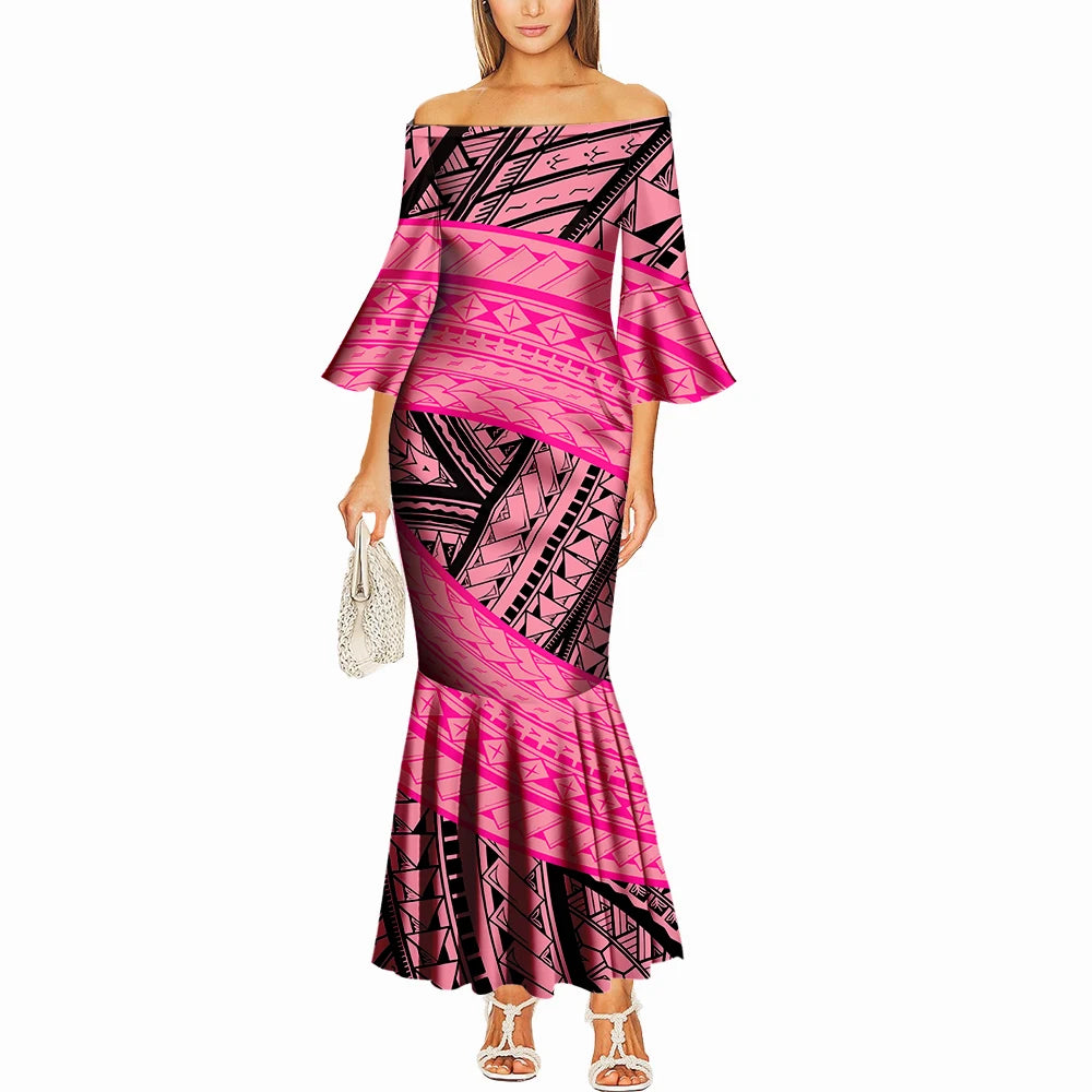 Summer One-Shoulder Puletasi Dress Custom-Made Samoan Islands Print Polynesian Tribal Women'S Tight Fishtail Dress