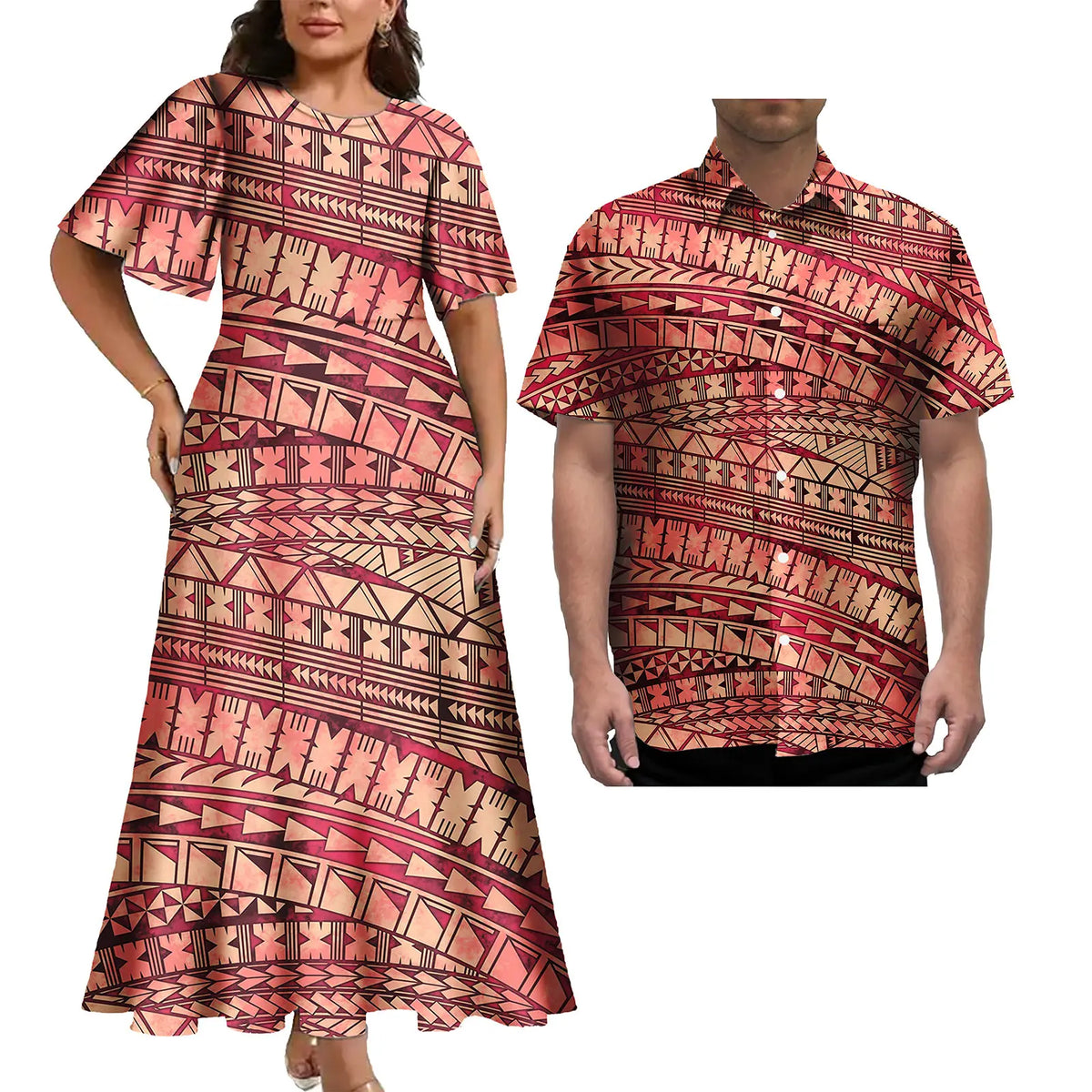 Print Couples Matching Puletasi Dress and Hawaiian Shirt Polynesian Traditional Pattern Aloha Shirt Two-piece Dress Outfit