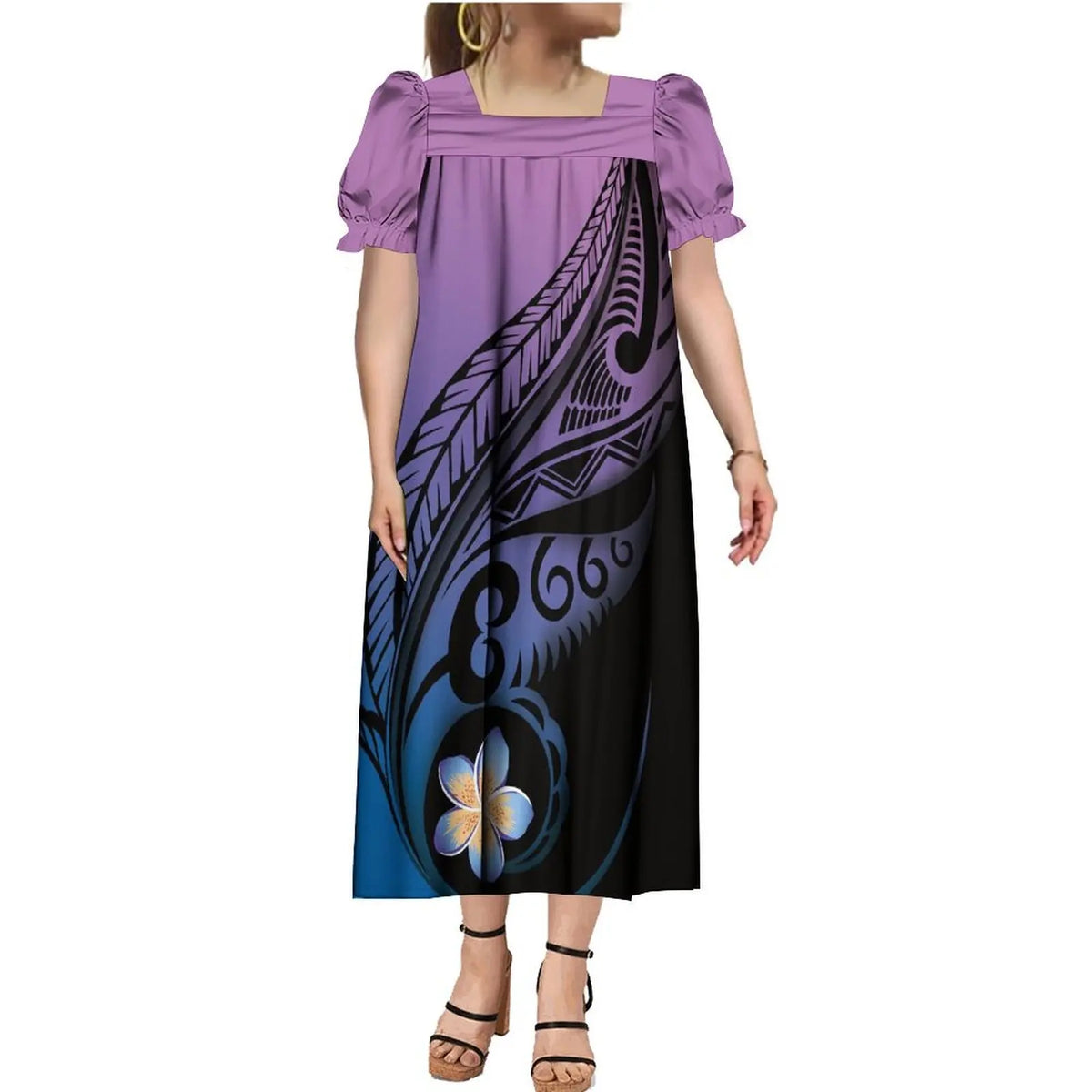 2024 Summer Micronesia Tribe Mumu Fashion Ladies Puffy Sleeve Dress Polynesian Party Mumu Ladies Fluffy Maxi Dress