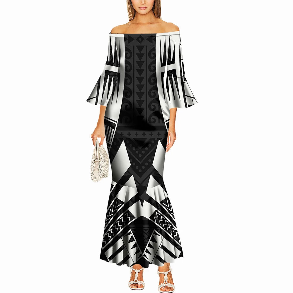 Summer One-Shoulder Puletasi Dress Custom-Made Samoan Islands Print Polynesian Tribal Women'S Tight Fishtail Dress
