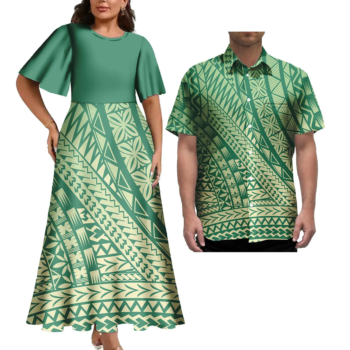 Print Couples Matching Puletasi Dress and Hawaiian Shirt Polynesian Traditional Pattern Aloha Shirt Two-piece Dress Outfit