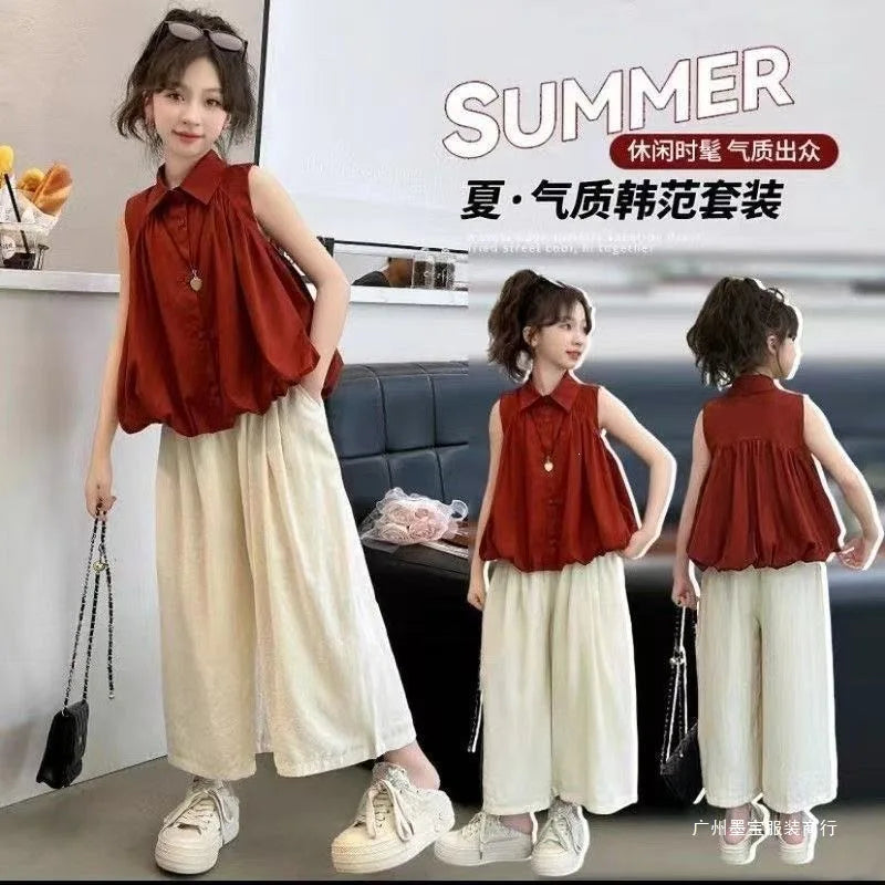 2026 summer Girls clothes children set Kids sleeveless blouse shirt top camisole + bottom wide leg pant 4 8 10 14 15 years teens