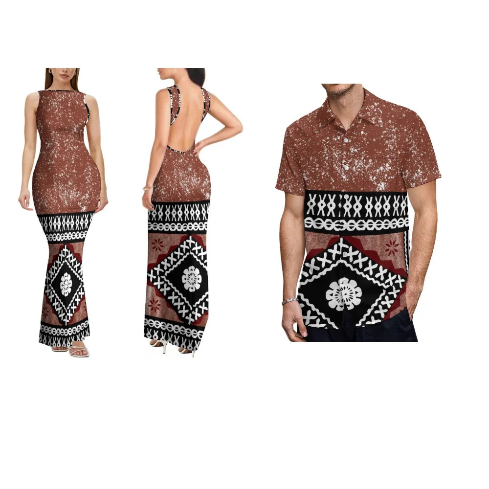 Polynesian Custom-Made Women'S Dress With Floral Design Backless Sleeveless Long Sexy And Slimming Couple Outfits Men'S Shirt