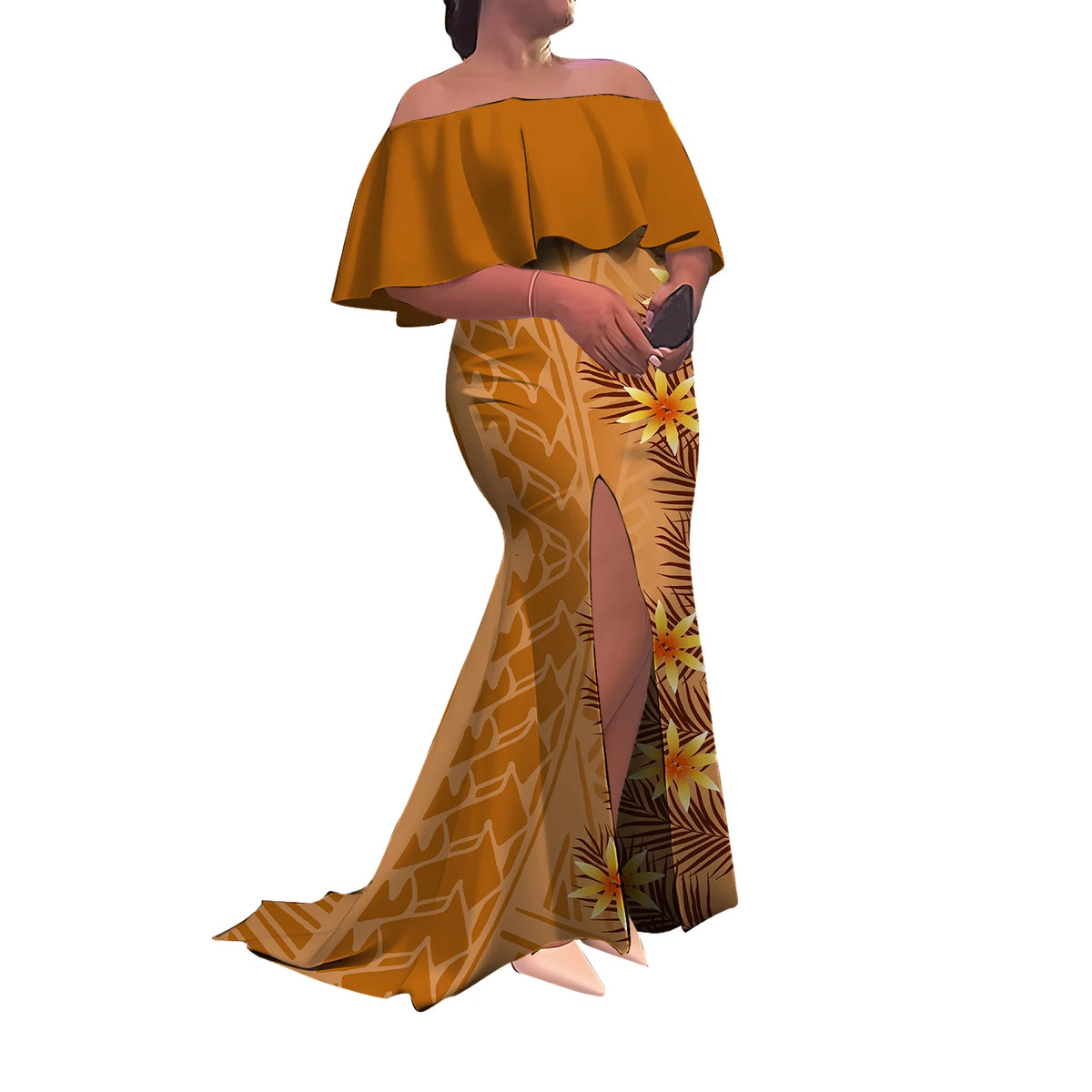 Summer Women'S Dress Elegant Half-Printed One-Shoulder Slit Long Floor-Length Polynesian Slimming Fishtail Dress