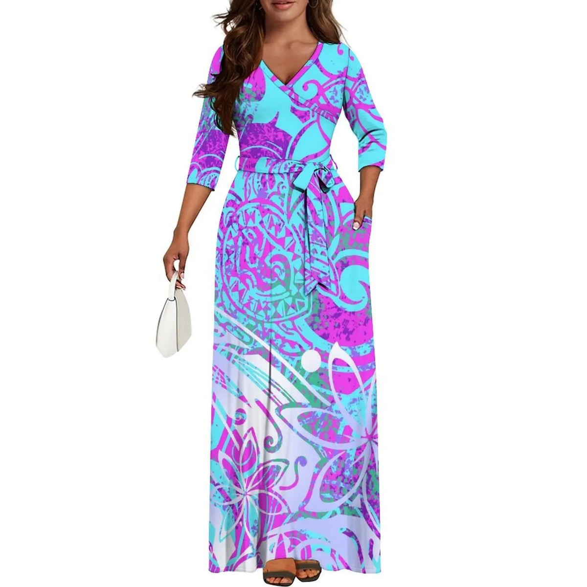 Quality Fabric Vintage Print Custom Mid-Sleeve Long Skirt Dress Polynesian Ladies Summer Fashion V-Neck Waist Binding Dress