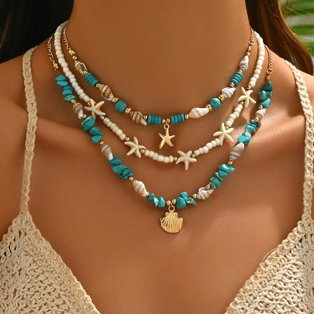 3Pcs Set Layered Turquoise Shell Starfish Necklace for Women Boho Beaded Necklaces Summer Beach Vacation Party Jewelry