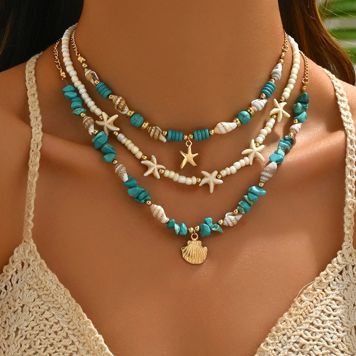 3Pcs Set Layered Turquoise Shell Starfish Necklace for Women Boho Beaded Necklaces Summer Beach Vacation Party Jewelry